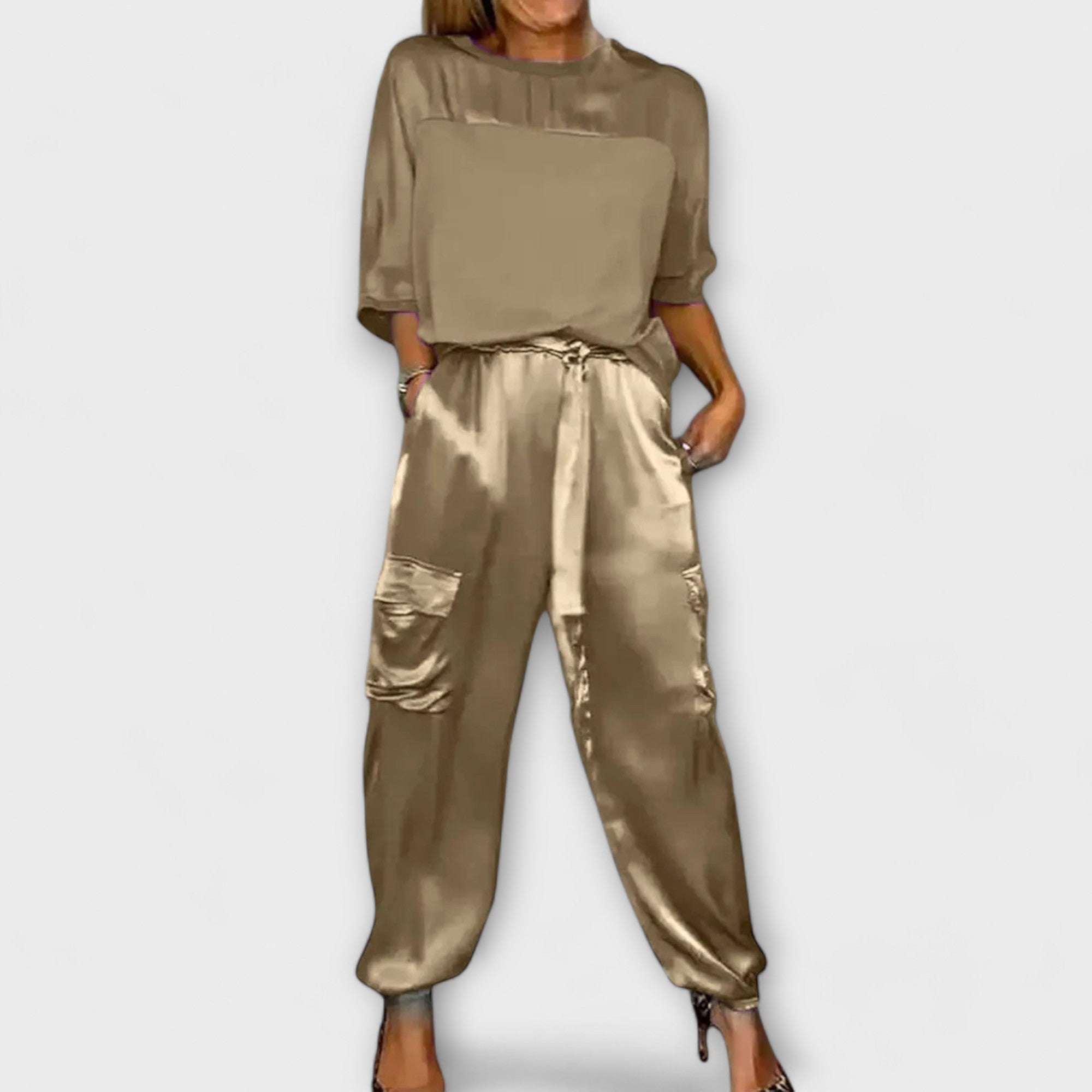 Carla Two Piece Loungewear Set Cotton Beige S To XL Relax