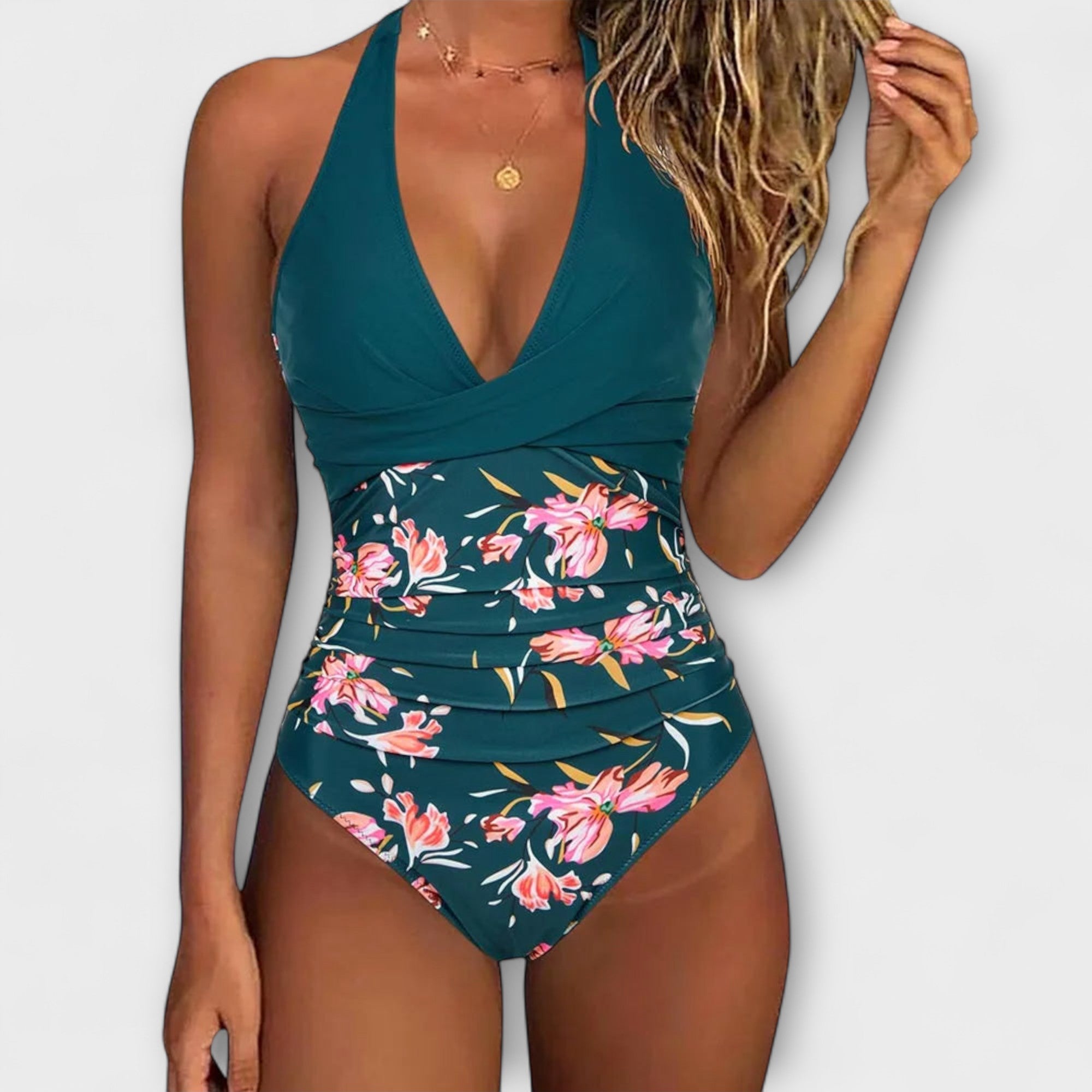 Clara Modest One Piece Swimsuit Elegant Deep V Neck