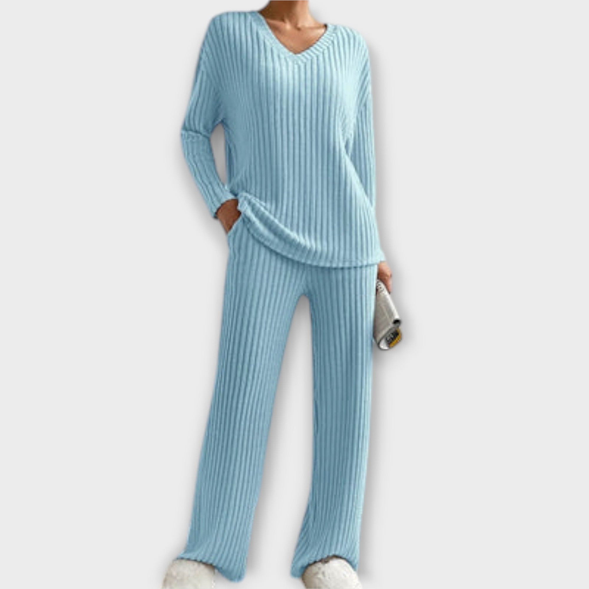 Lia Ribbed Two Piece Knit Set Cotton Blend S Beige Elegant