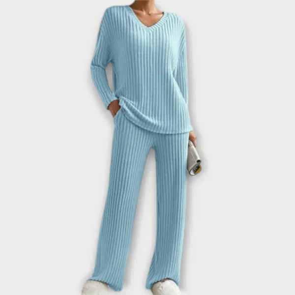 Sofia - Modern Lounge Set Ribbed Fabric Tee Top Home Wear