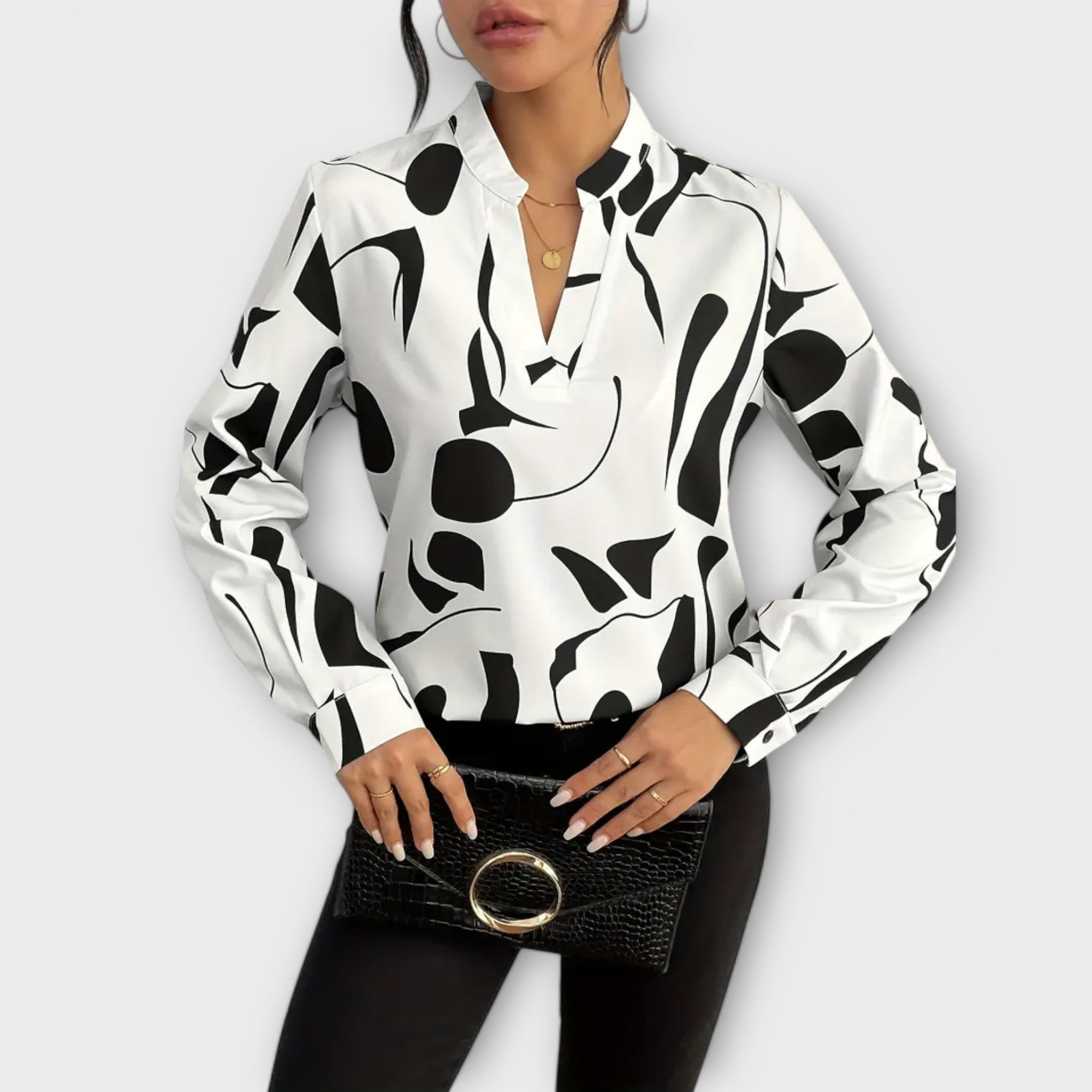 Marina Geometric Touch Blouse Black On Beige Classic