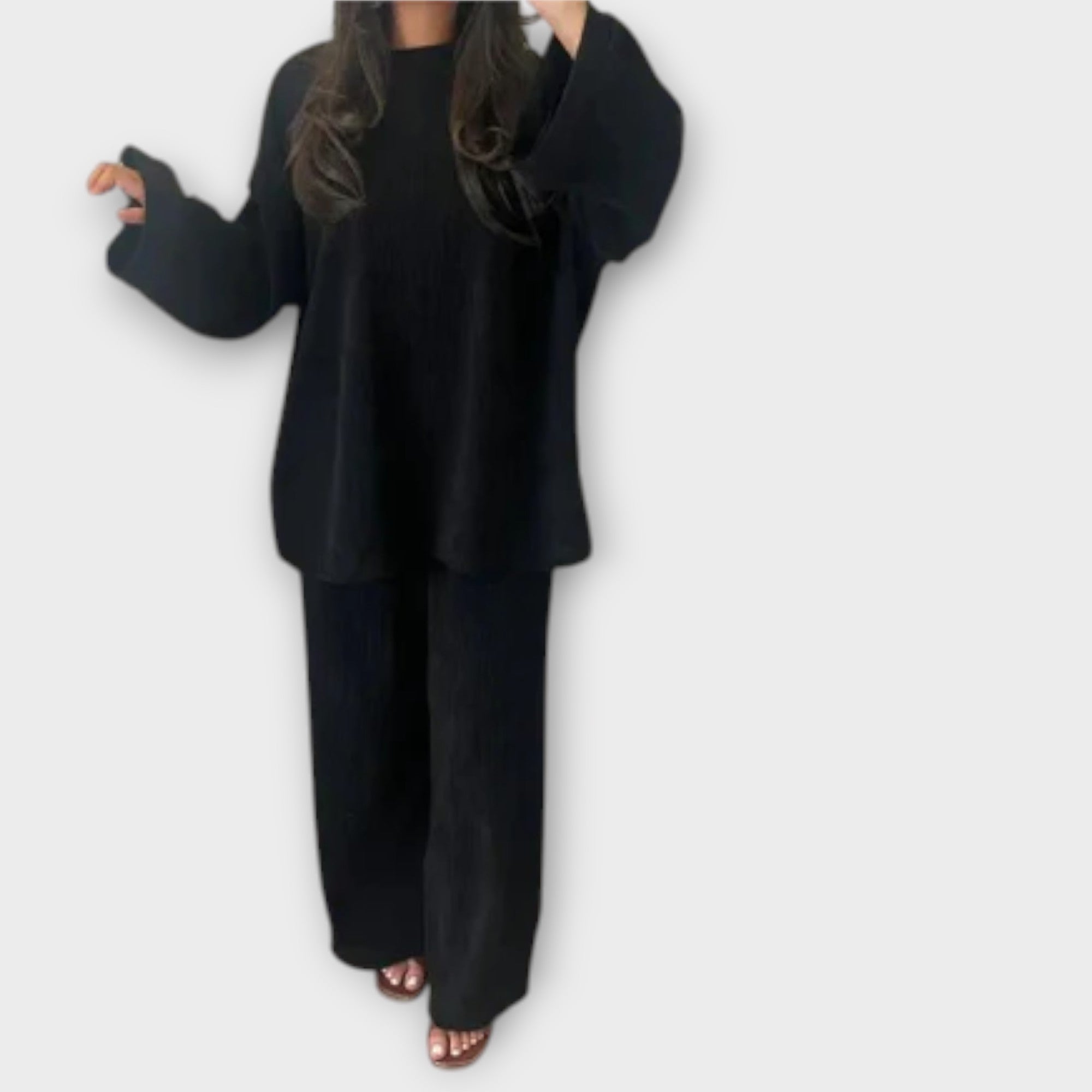 Ingrid Oversized Ribbed Knit Set Cotton Blend Beige Lounge