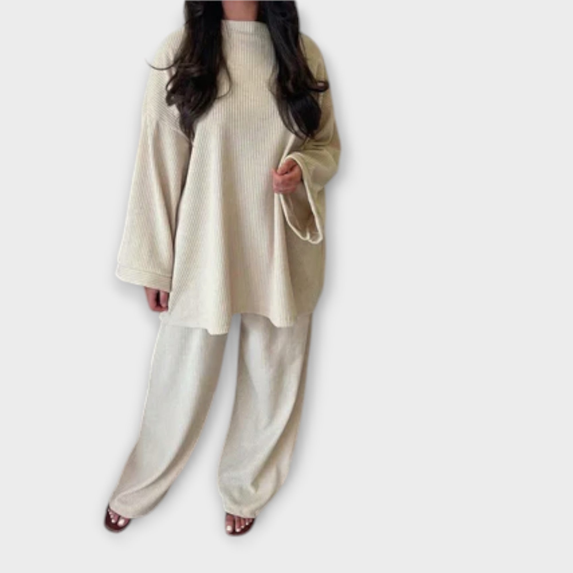 Ingrid Oversized Ribbed Knit Set Cotton Blend Beige Lounge